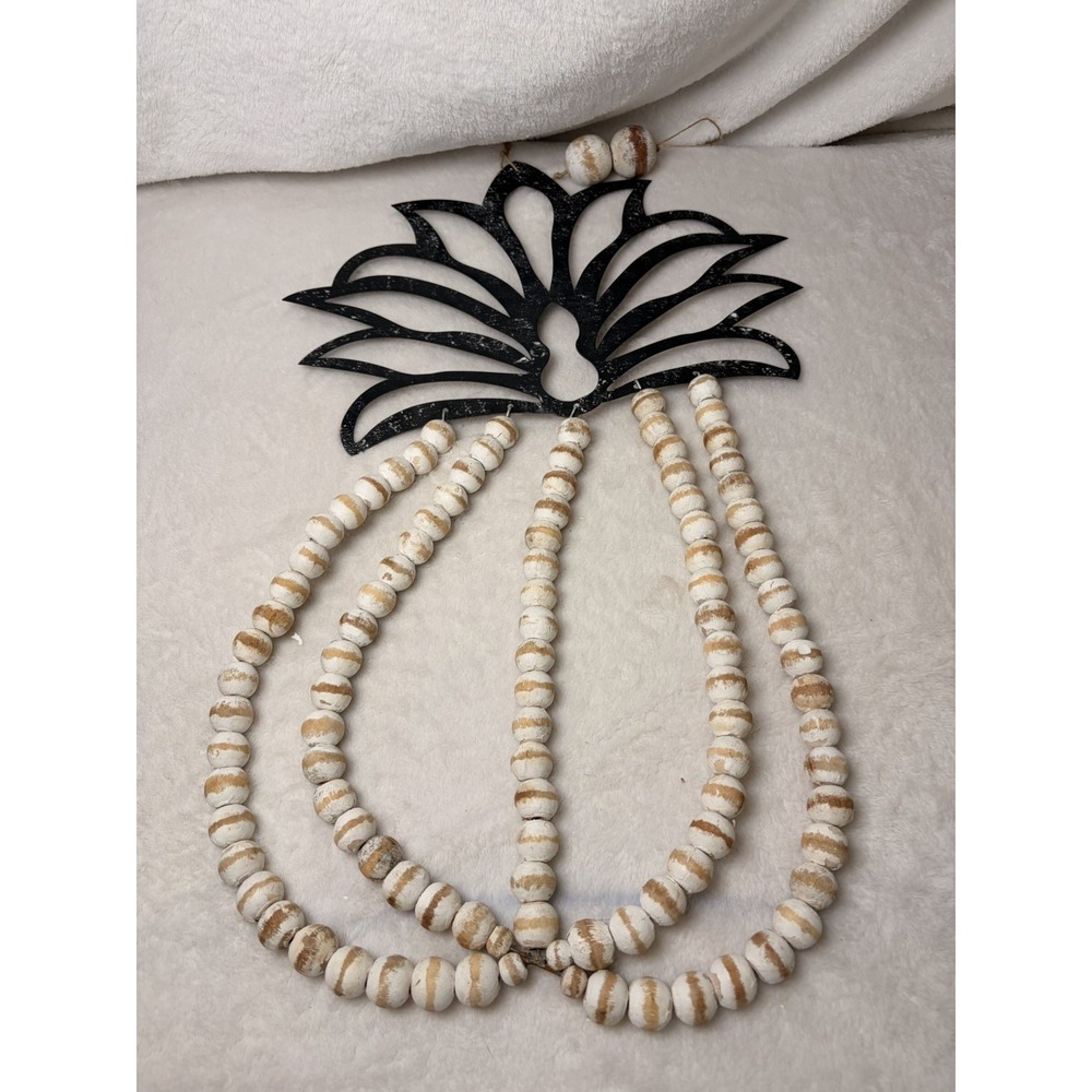 Boho Pineapple Beaded Wall Hanging Rustic Wood Bead & Black Metal Hospitality
